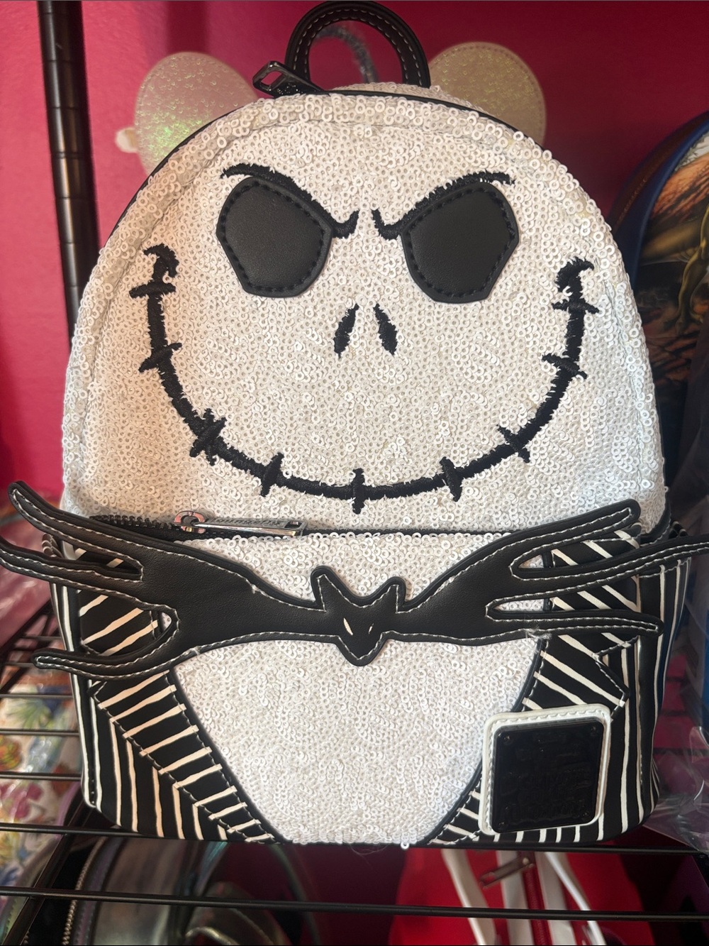 Loungefly Glow in the dark Jack Skellington White Sequin Backpack. NWT